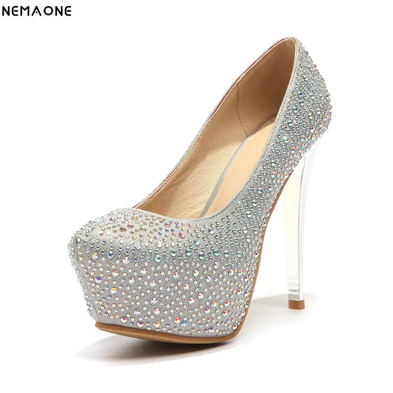 

NEMAONE sexy women 13cm high heels platform club shoes woman spring summer shoes sequine cloth women pumps size 42 43