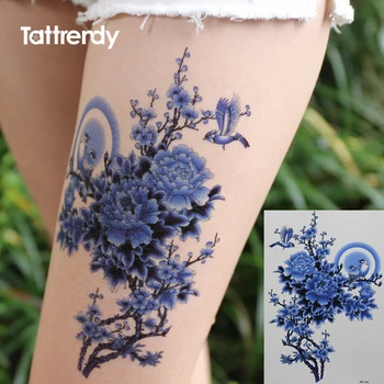 

women temporary Tattoo stickers arm shoulder blue peony flower Moon bird traditional Chinese painting design personality HB566