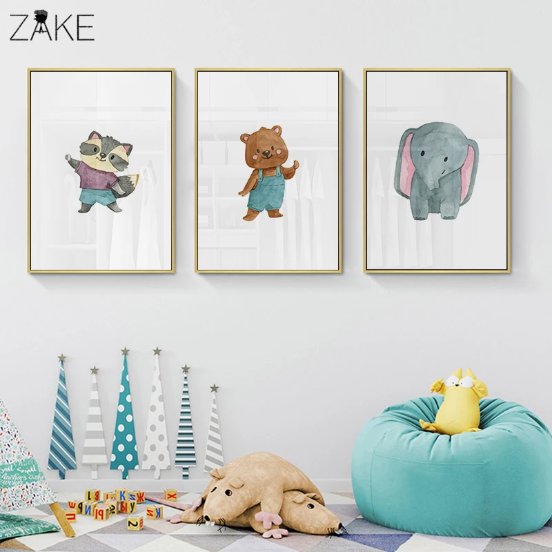 

Watercolor Raccoon Elephant Bear Animal Posters Canvas Art Painting Wall Art Nursery Decorative Picture Nordic Style Kids Decor
