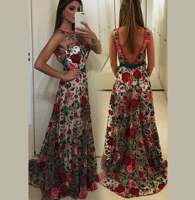 

vestido de festa longo New Women Brand Luxury Embroidery Runway Dress 2017 Summer Mesh Slim Long Maxi Dresses Tunique Femme