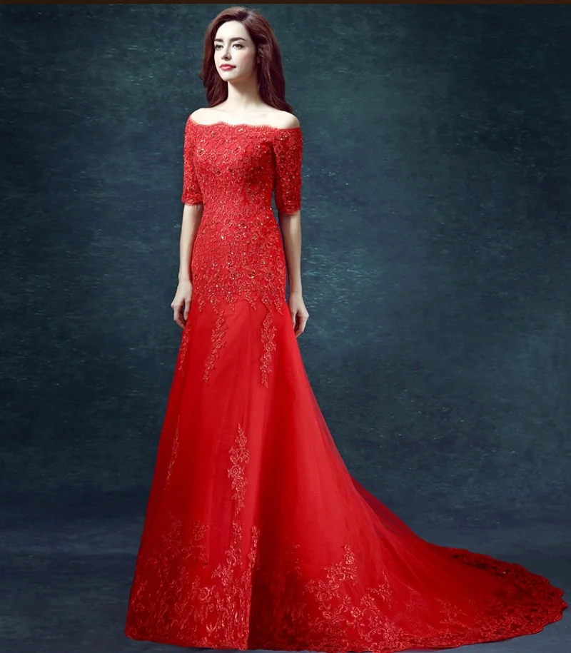 Sexy Red Wedding Dress With Sleeves Beading Lace Applique Mermaid