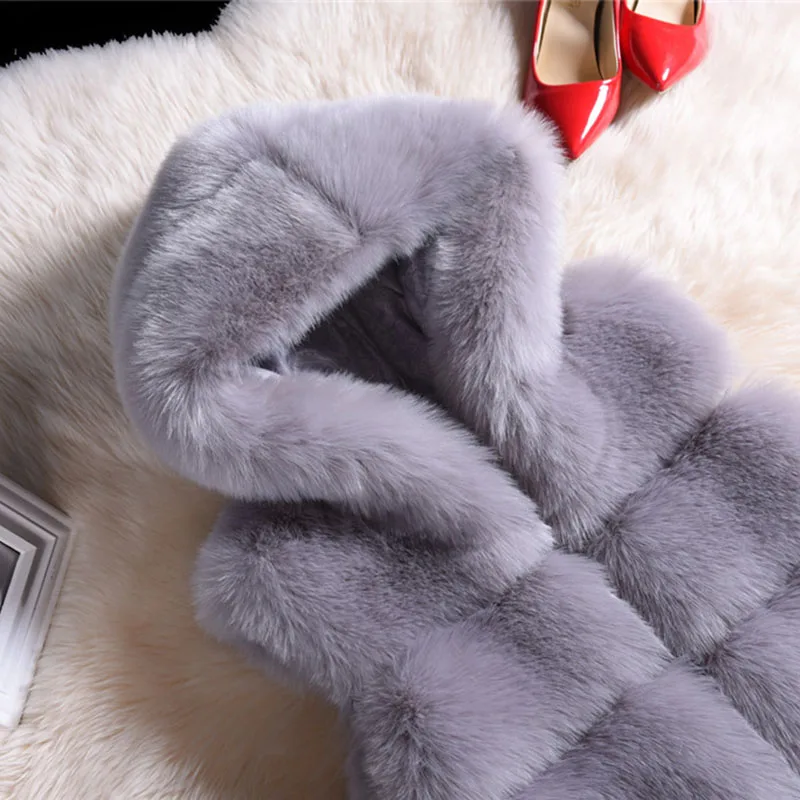 JAPPKBH Autumn Winter Faux Fur Coat Women New Elegant Warm Slim Solid Sleeveless Ladies Fur Vest Vintage Fake Fur Coat Jacket