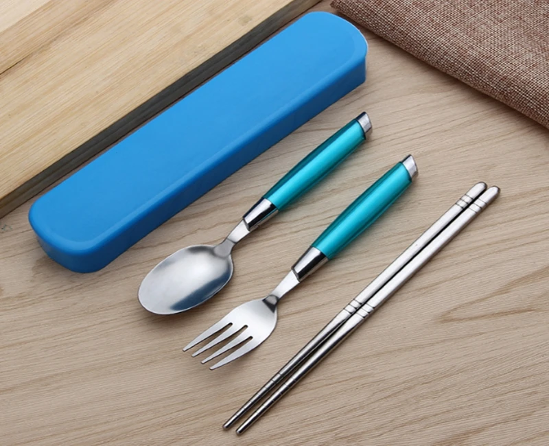 50sets/lot ping 3pcs/set Travel Picnic Portable Cutlery Stainless Steel Tableware Fork spoon chopsticks