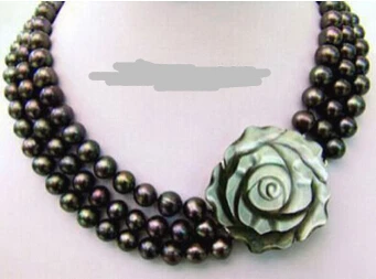 

huij 001361 3 Rows 7-8 mm Genuine Black Pearl 18KWGP Shell Flower Clasp Necklace