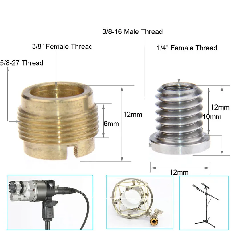 Brass Microfono Adapter 38 Female to 58 Male + 14 to 38 Tripod Screw Stainless Steel Mic Stand Holder Adaptor C0947 (3)