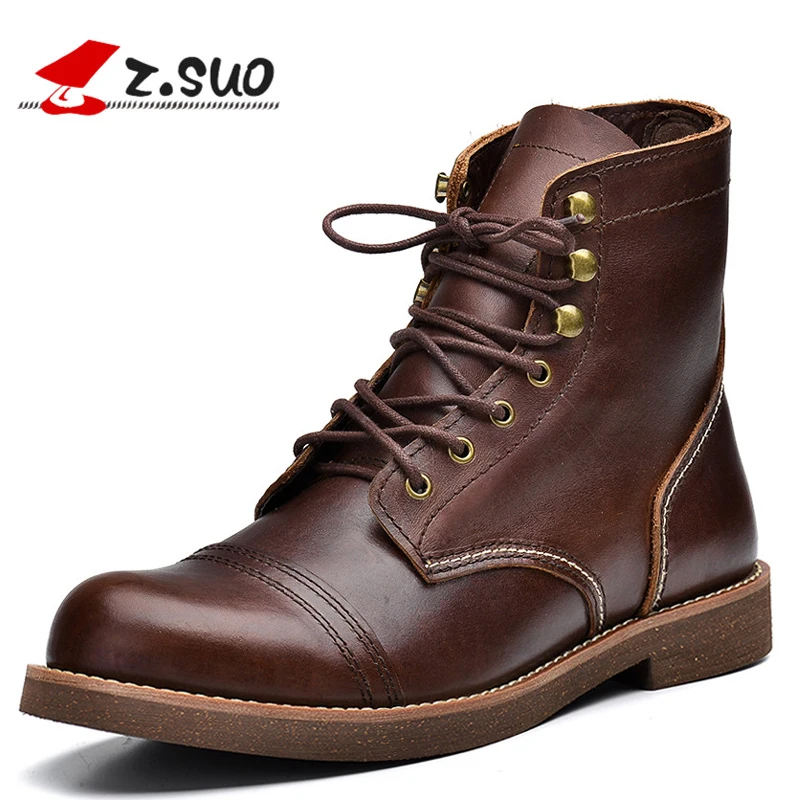 

Z.suo Handmade Men Boots Genuine Leather Brown Round Toe Luxury Fashion Cow Leather Ankle Boots Lace Up Shoes Mens Work Boots