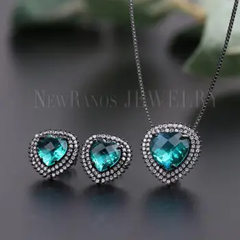 

Newranos Green Heart Jewelry Set Natural Crystal Stone Necklace Earrings Set Pave Zircon Jewelry Set f Women Jewelry SFX001164