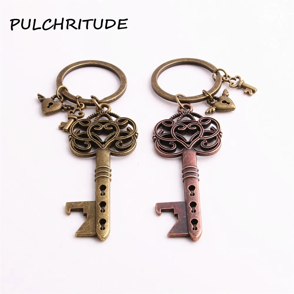 

PULCHRITUDE Metal Alloy Two Colors 2pcs Diy Key Chain Key Shape bottle opener Small Key Heart Charm Diy Jewelry Making C1676
