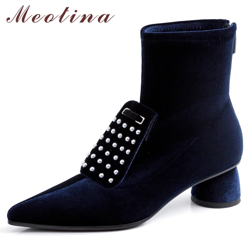 

Meotina Autumn Ankle Boots Women Boots Zipper Round High Heels Elastic Boots Metal Decoration Pointed Toe Shoes Lady Size 34-40