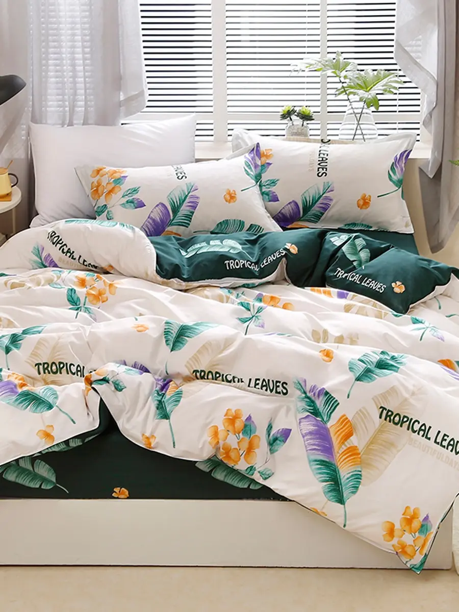 

3/4Pcs Bedding Set Plain Style Floral Pattern Comfy Durable Home Linen Set