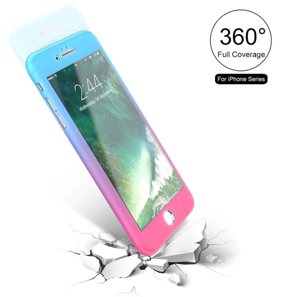 

360 Degree Full Body Cover Gradient Case For iPhone 6 6S 6 Plus 6S Plus For iPhone 7 7 Plus Case Back Cover+Tempered Glass Film