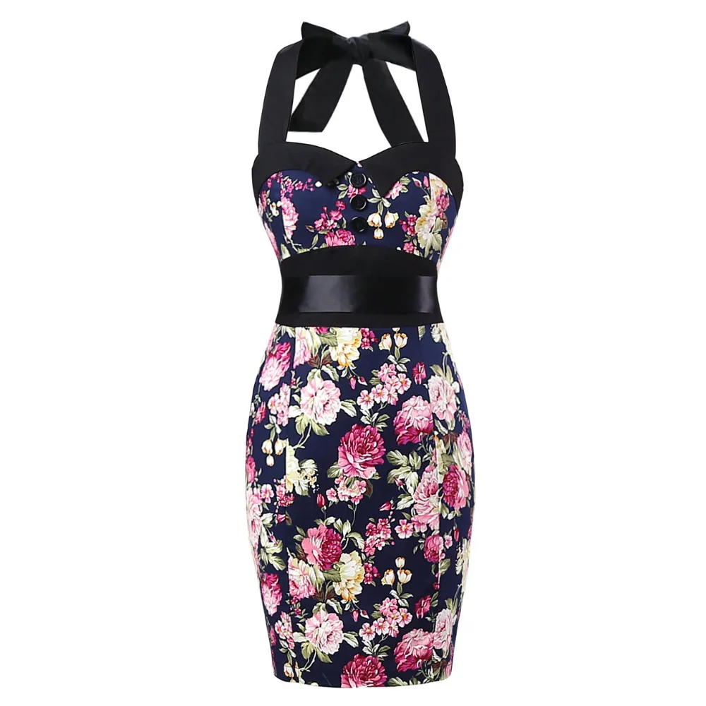

JLI MAY New arrive Print floral Button 50s 60s Rockabilly Sheath pencil bodycon Sleeveless Sexy Vintage pinup women Summer dress