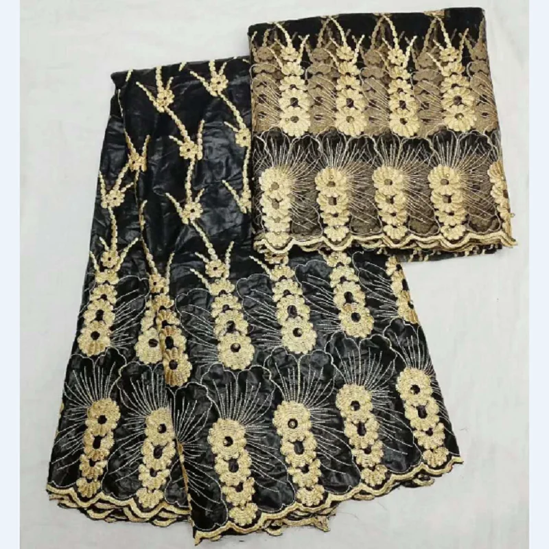 

Black african bazin riche getzner sewing patchwork fabric 5yards gold embroidery flowers lace stof and 2yards tulle lace fabrics