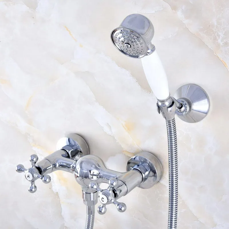 

Wall Mount Polished Chrome Brass Bathroom Two Cross Handles Hand Shower Faucet Mixer Tap Set Telephone Shape Hand Spray ana769