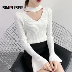 Расклешенные рукава Для женщин вязаные свитера v-образным вырезом высокой стрейч женские пуловеры зима-осень Вязание топы белого цвета