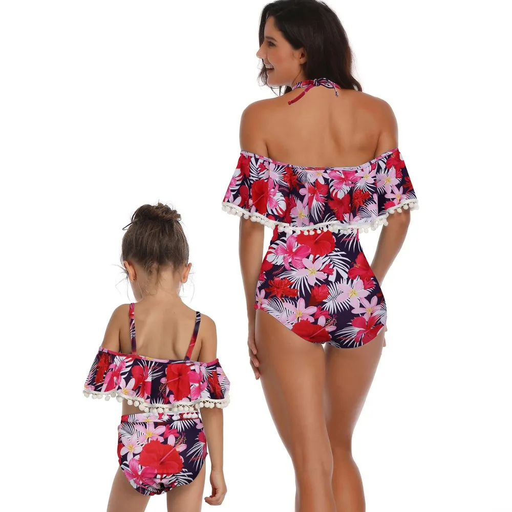 Women's One Piece Off Shoulder Vintage Floral Backless Bather Flounce Ruffled Set Drawtring Modest Swimwear 3