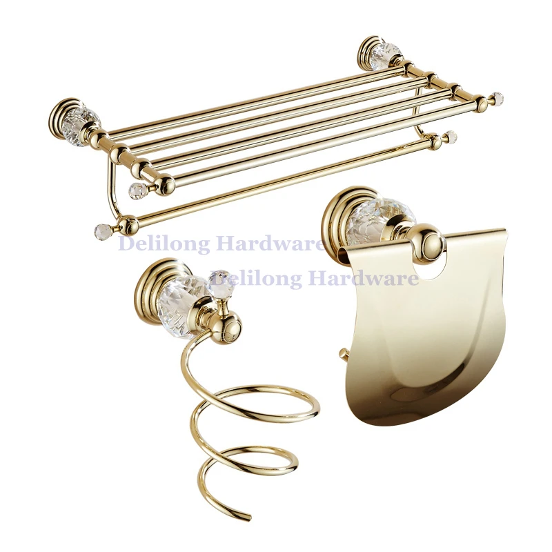 

Brass Golden Color Crystal Towel Holder Wall Mount Tower Rack Paper Box Toilet Brush Set Bathroom Hardware Accessories