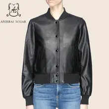 Весенняя Новинка, куртка из натуральной овчины, Женская мотоциклетная повседневная черная однобортная женская короткая бейсбольная кожаная куртка