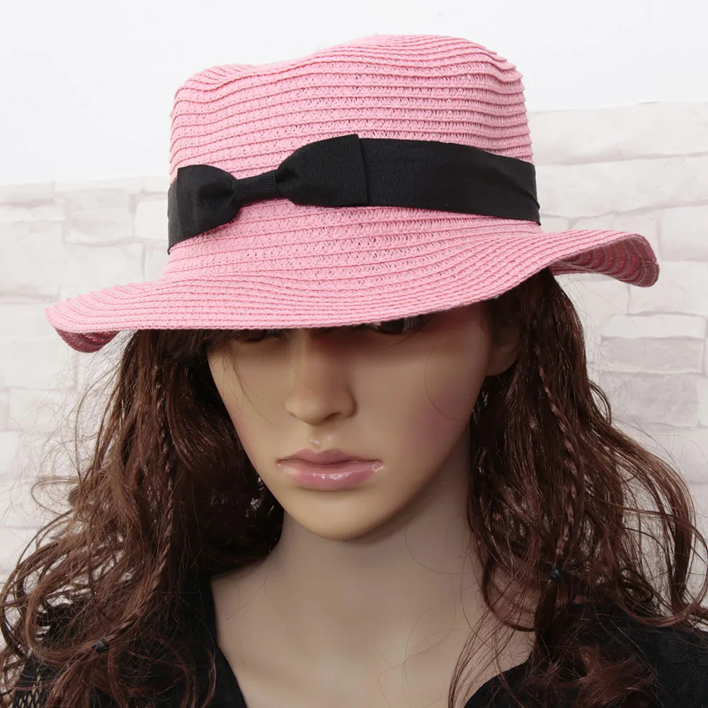 Prevalent Girls Boater Sun Caps Ribbon Round Flat Top Straw Fedora