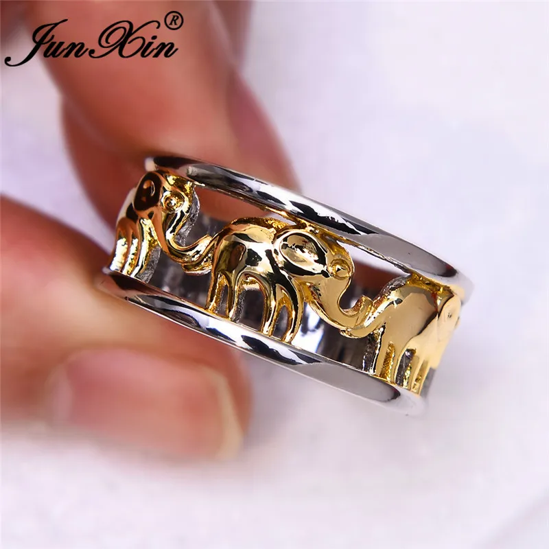 JUNXIN Gold Elephant Rings For Women Men 925 Silver Filled Big Ring Female Male Engagement Bands Couples Ring Boho Jewelry Gifts