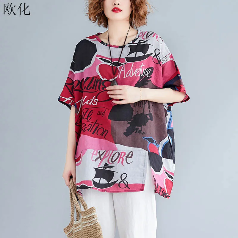 

Plus Size Art Abstract Print Cotton Linen Women T Shirt 2019 Summer Batwing T Shirt Loose Casual Big Tee Shirt Female 5XL 6XL