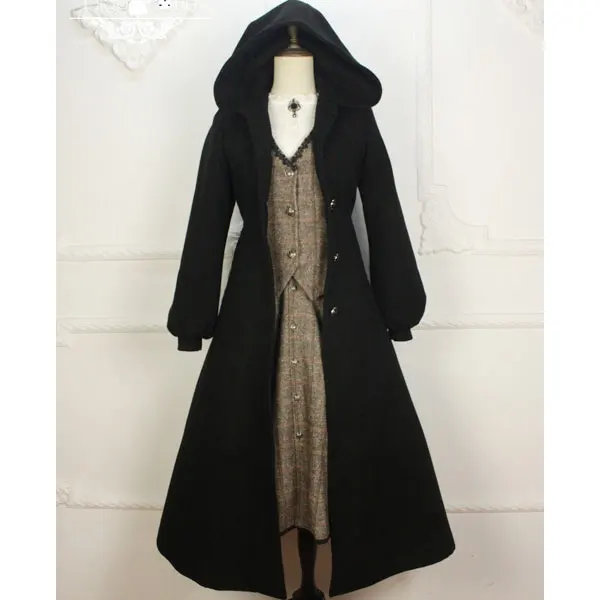 Custom Tailored Vintage Women's Hooded Long Wool Coat Gothic Trench