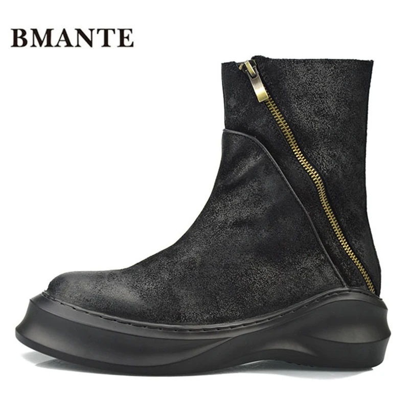 

Real leather bootie Cow suede brand fashion male Casual shoes tall Footwear high top Thick sole tide Platform Harajuku boots men