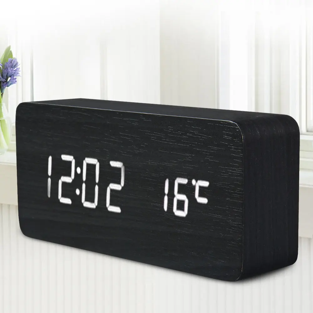 Promotion! Quality Digital LED Alarm Clock Sound Control Wooden Despertador Desktop Clock USB