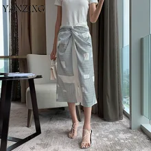 Летняя новинка, Высококачественная Корейская одежда, Лоскутная плиссированная полосатая Женская свободная юбка E986