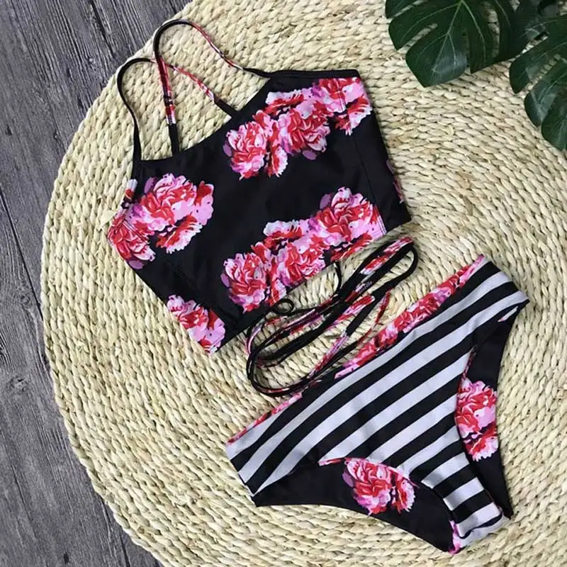 2018-Sexy-High-Neck-Bikini-Swimwear-Women-Swimsuit-Brazilian-Bikini-Set-Green-Print-Crochet-B