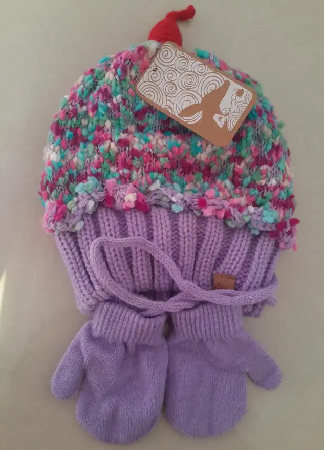 Hat with Gloves Новая зимняя детская шапочка милые капкейки модели детей вышивка вкусные Торт Мороженое трикотажные теплые шапки и кепки с перчатками - Цвет: Hat with Gloves