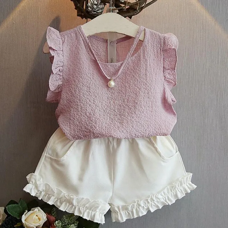 

New Summer Girls Clothing Sets Chiffon Soild Sleeveless Shirt Top White Shorts 2pcs Suit Girls Outfits Toddler Girl Clothing