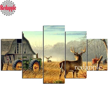 

diamond embroidery Animal Whitetail Deer On Farm wood house Tractor 5PCS diamond painting Cross Stitch Rhinestone Multi-picture