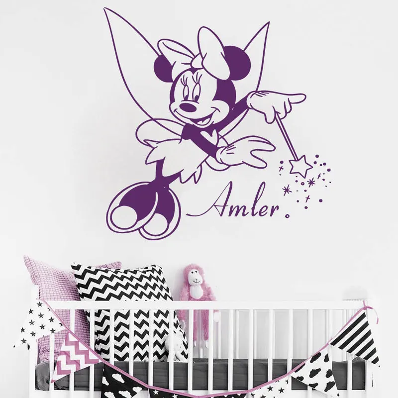 

Custom Name Wall Sticker Vinyl Home Decor Cartoon Minnie Nursery Baby Room Personalized Girls Name Decals Angel Wand Stars A217