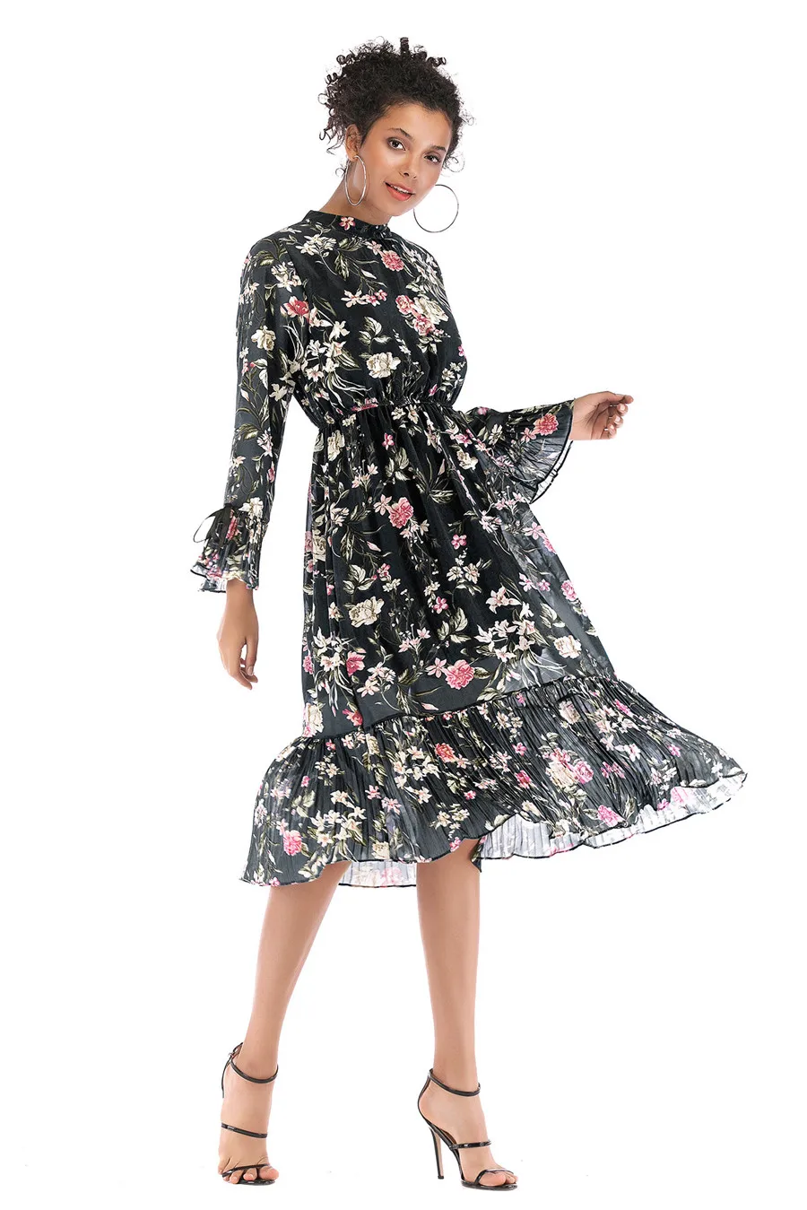 Gladiolus Floral Print Spring Autumn Women Dress 2019 O-Neck Lace Up Flare Sleeve Tunic Chiffon Dress Women Midi Party Dresses (12)