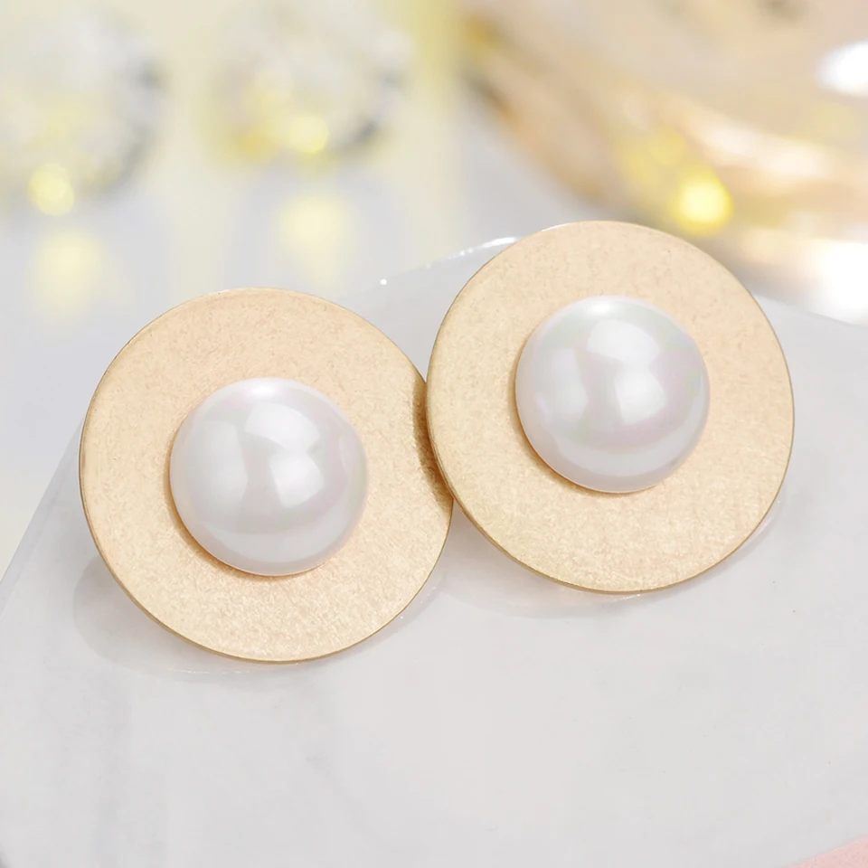 Big Simulated Pearl Gold Button Stud Earrings for Women New Fashion