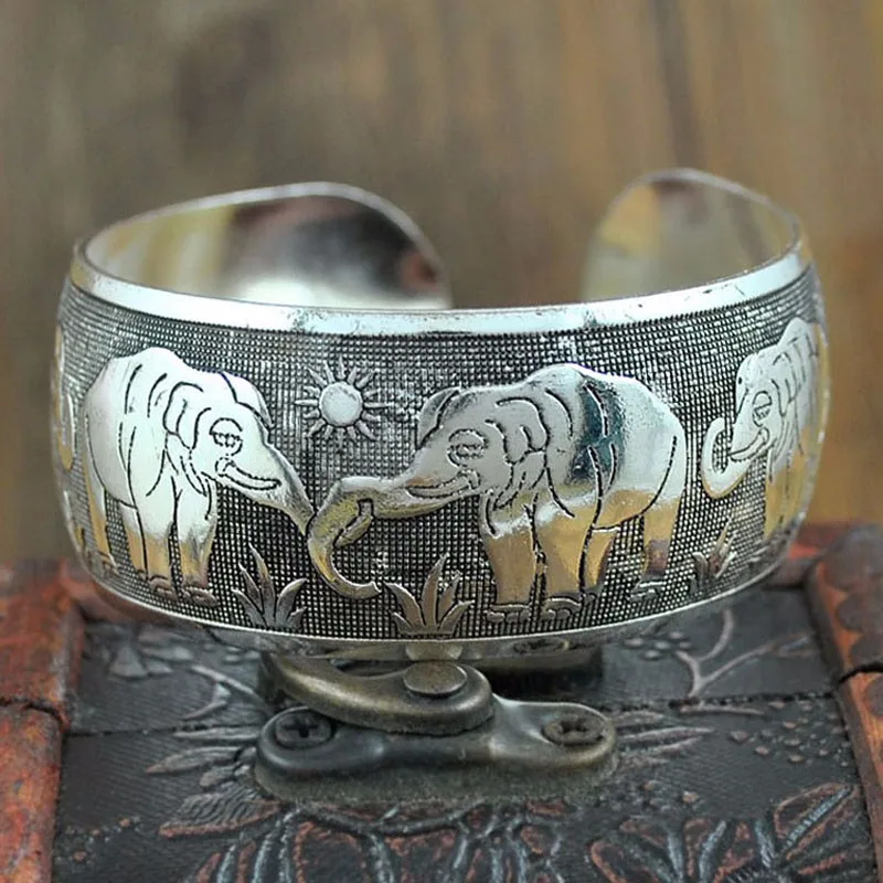 Vintage Ethnic Wide Bangles Flowers Animals Carved Retro