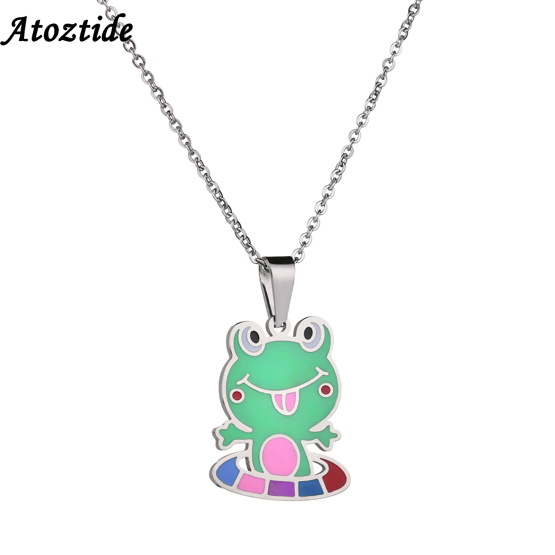 Atoztide Cute Animal Pendants Green Frog Necklace Stainless Steel