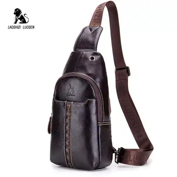 

LAOSHIZI LUOSEN Genuine Leather Men Waist Packs Vintage Zipper Waist Bag for Phone Pouch Travel Men Crossbody Chest Bag