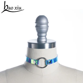 

Transparent color Leather choker necklace gift for women Holographic Choker Metal circle Laser Collar Chocker fashion jewelry