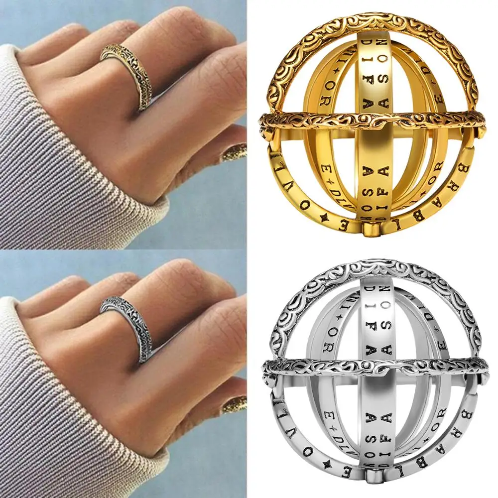 

Rinhoo 1PC Silver and Gold Alloy Vintage Creative Astronomical Complex Rotating Lettering Sphere Ring Fashion Jewelry Gift