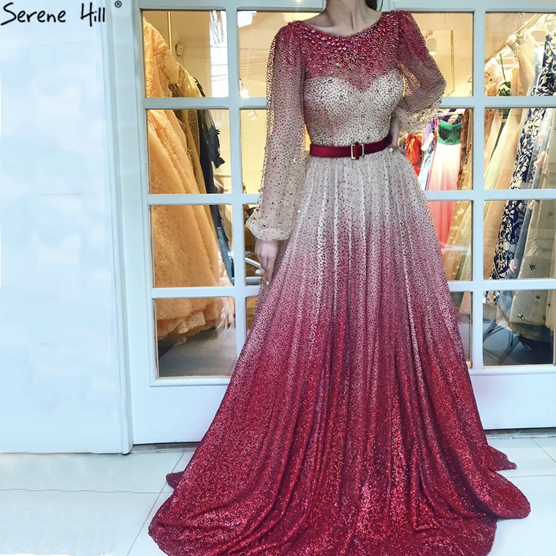 

Muslim Long Sleeve Arabic Kaftan Dubai Red Gliter Formal Evening Prom Party Gown Dress Abiye Gowns Dresses Elegant 2019 BLA6515