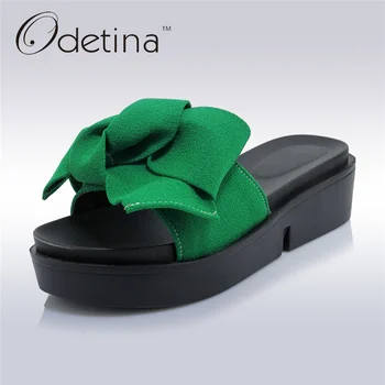

Odetina 2019 New Fashion Summer Beach Flip Flops Women Slippers Platform Wedge Sandals Bowknot Ladies Slides Bow Tie Big Size 44