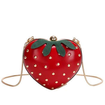 

Cute Strawberry Heart Shape Pu Rivet Mini Fashion Ladies Chain Purse Clutch Bag Casual Shoulder Bag Tote Female Flap Handbag