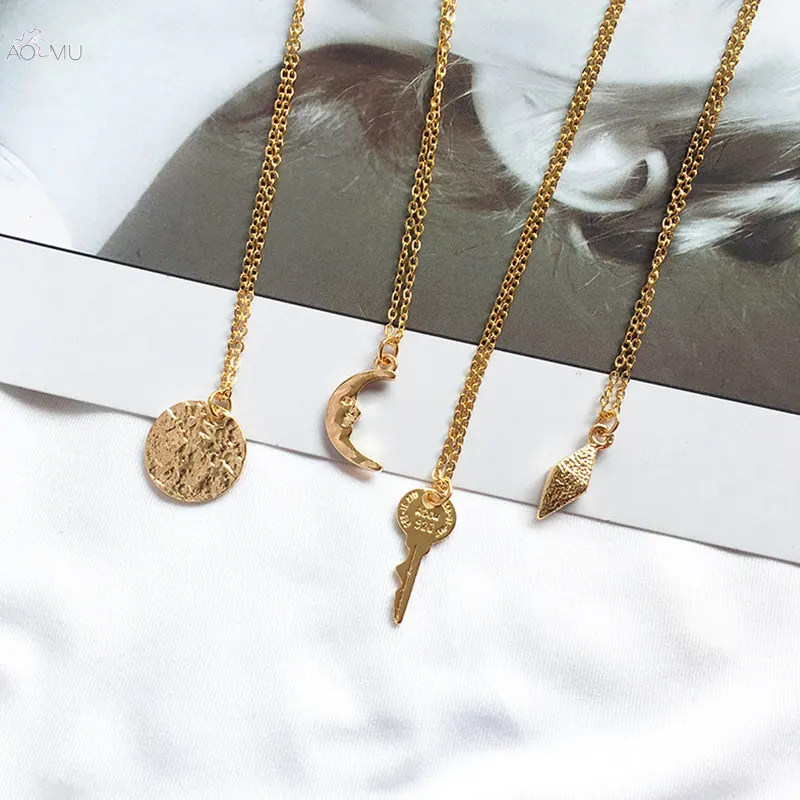 

AOMU Korean Personality Generous Alloy Necklace For Women Long Chain Irregular Crescent Key High-grade Gift Accessories