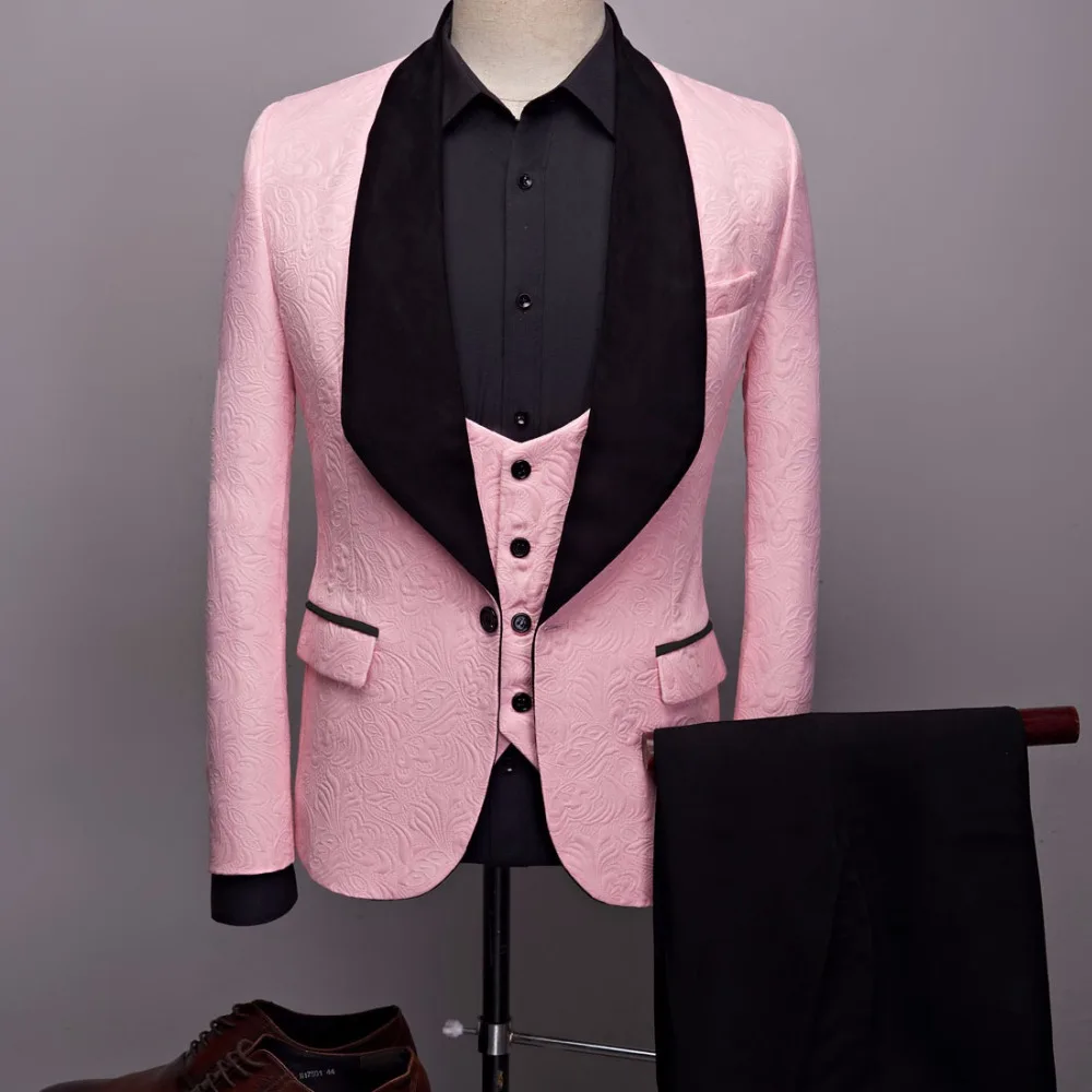 

2019 Real Shawl Lapel 3 Pieces Jacquard Suit Men Slim Fit Red Blue Black White Pink Wedding Suits For Men Prom Men Suits Tuxedos