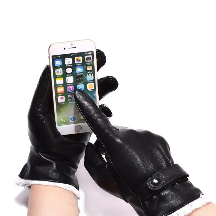 Мужские перчатки из натуральной кожи, настоящая овчина, черные перчатки для сенсорного экрана, зимние плюс бархатные классические рукавицы на кнопках