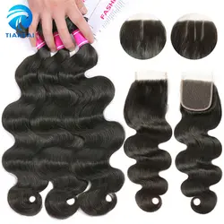 TIANTAI 3 пучки перуанский объемная волна с закрытием переплетения человеческих волос пучки с закрытием кружева бесплатная три средняя часть