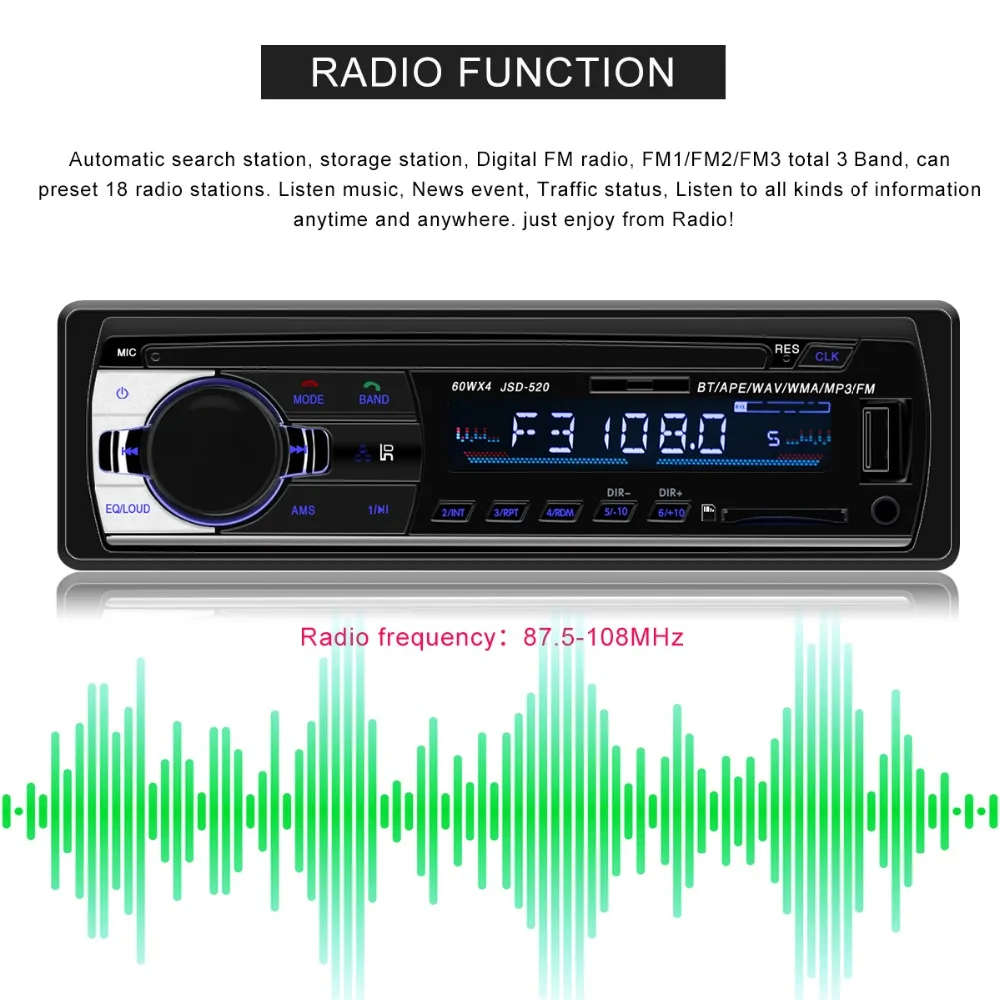 JSD 520 Bluetooth V2.0 авто для стерео Радио автомобильной 1 Din 12 в FM Aux Вход приемник