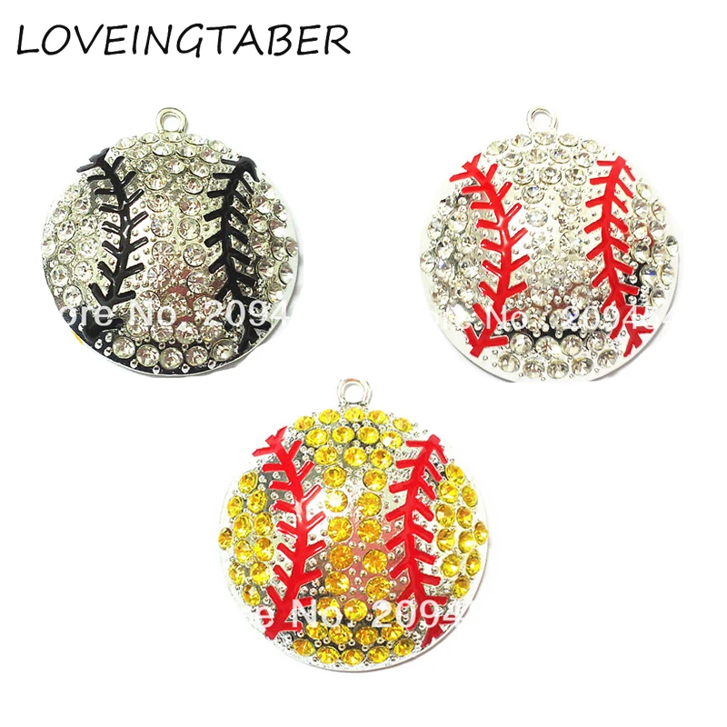 

( Choose Color First ) Large Size 45mm 10pcs/lot Softball Rhinestone Baseball Pendant For Kids Necklace